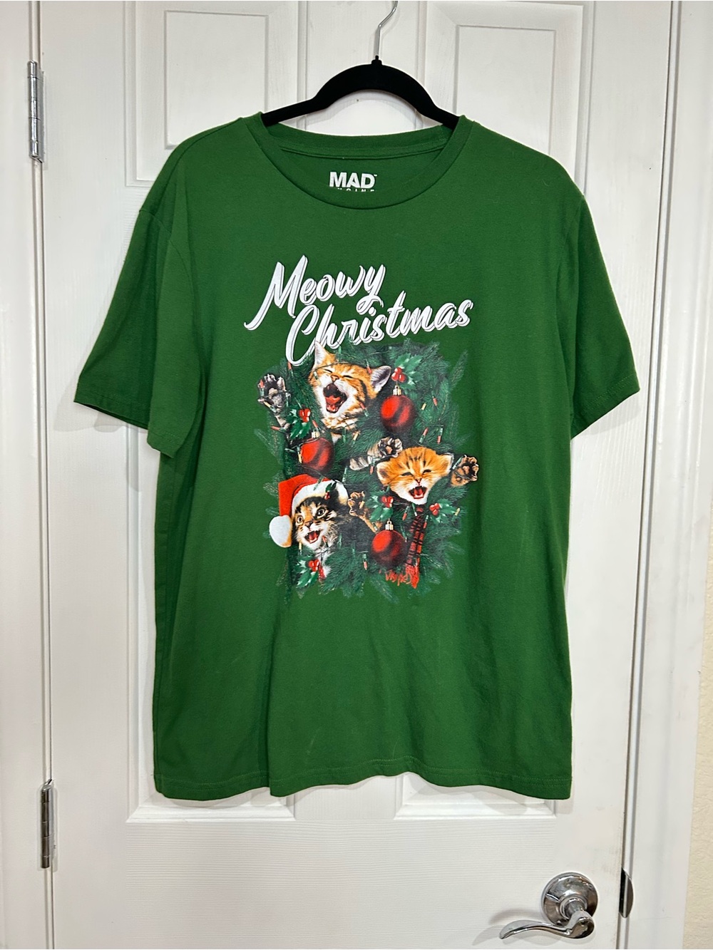 MAD Engine Green 'Meowy Christmas' Kitten Graphic Tee